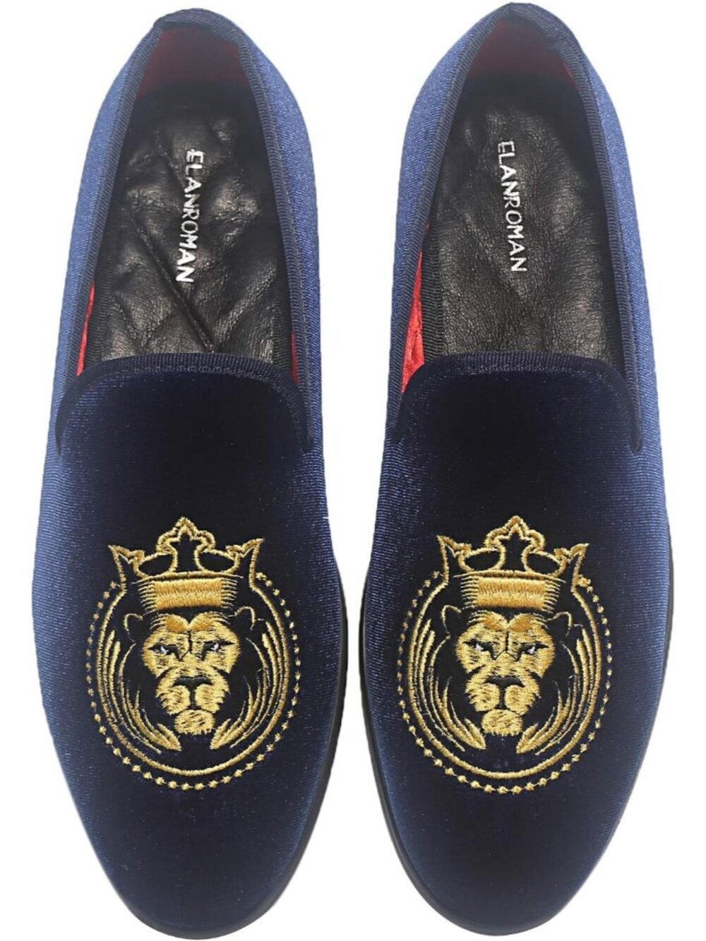 ELANROMAN Men's Navy Velvet Loafers Embroidered Lion Crown Formal Party Shoes
